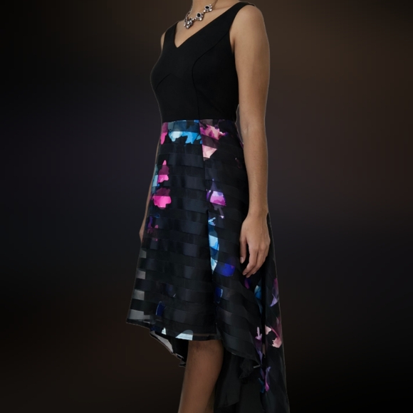 VENUS Black with Shimmery Pink & Blue Hi/Lo Dress w/ V Neckline Size 14 - Picture 7 of 7